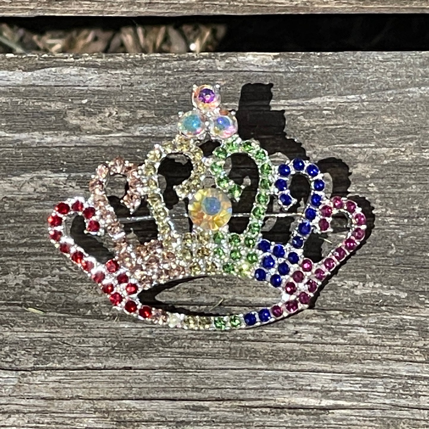 Rainbow Rhinestone Crown Pin